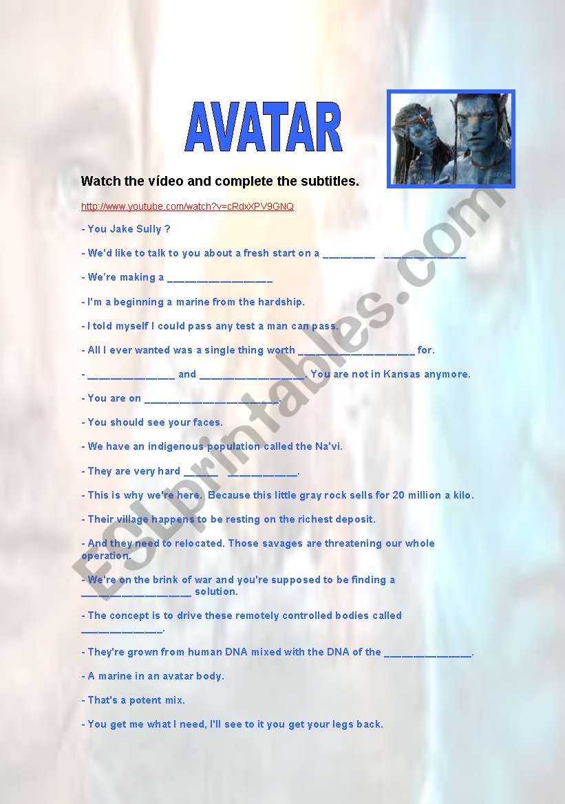 Avatar video listening worksheet
