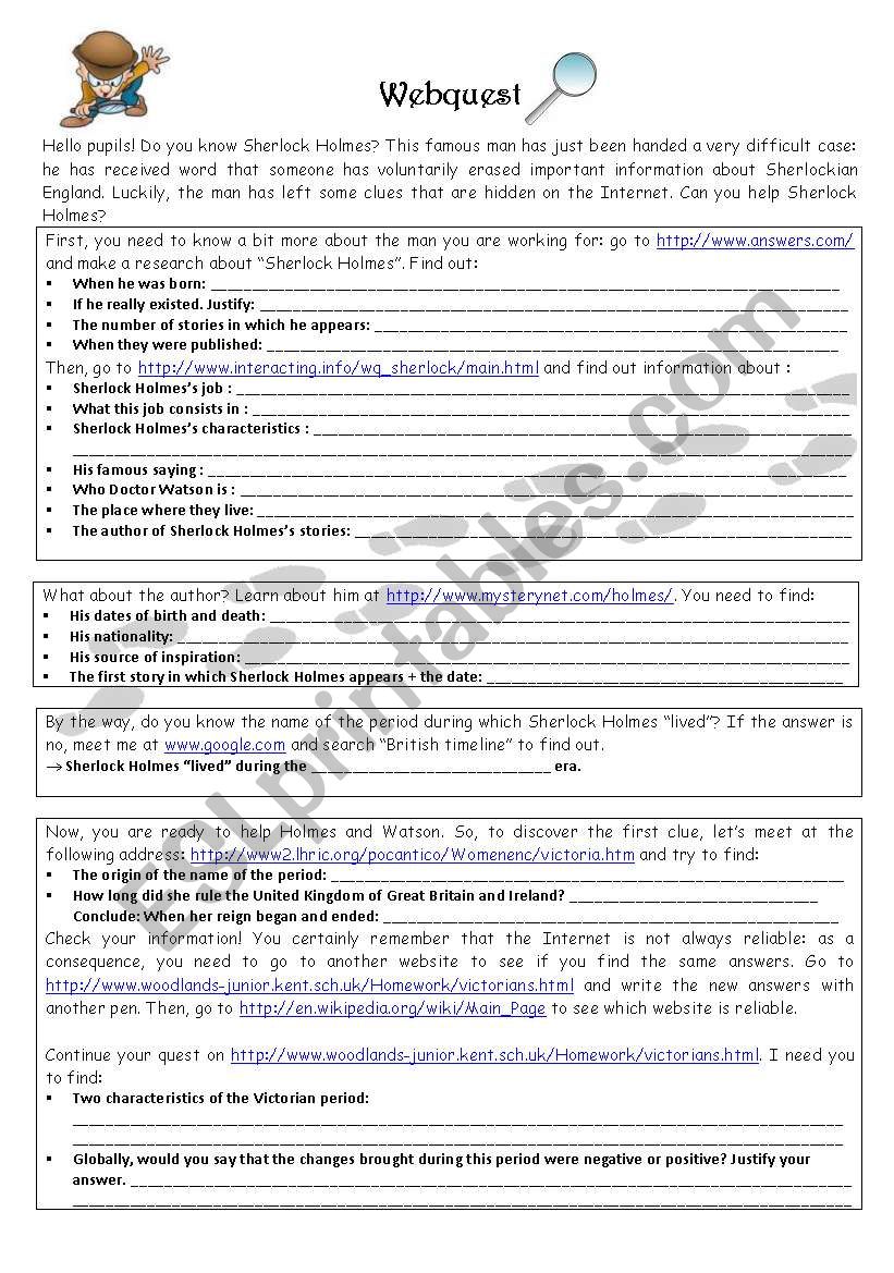 Sherlock HolmesÂ´s webquest worksheet
