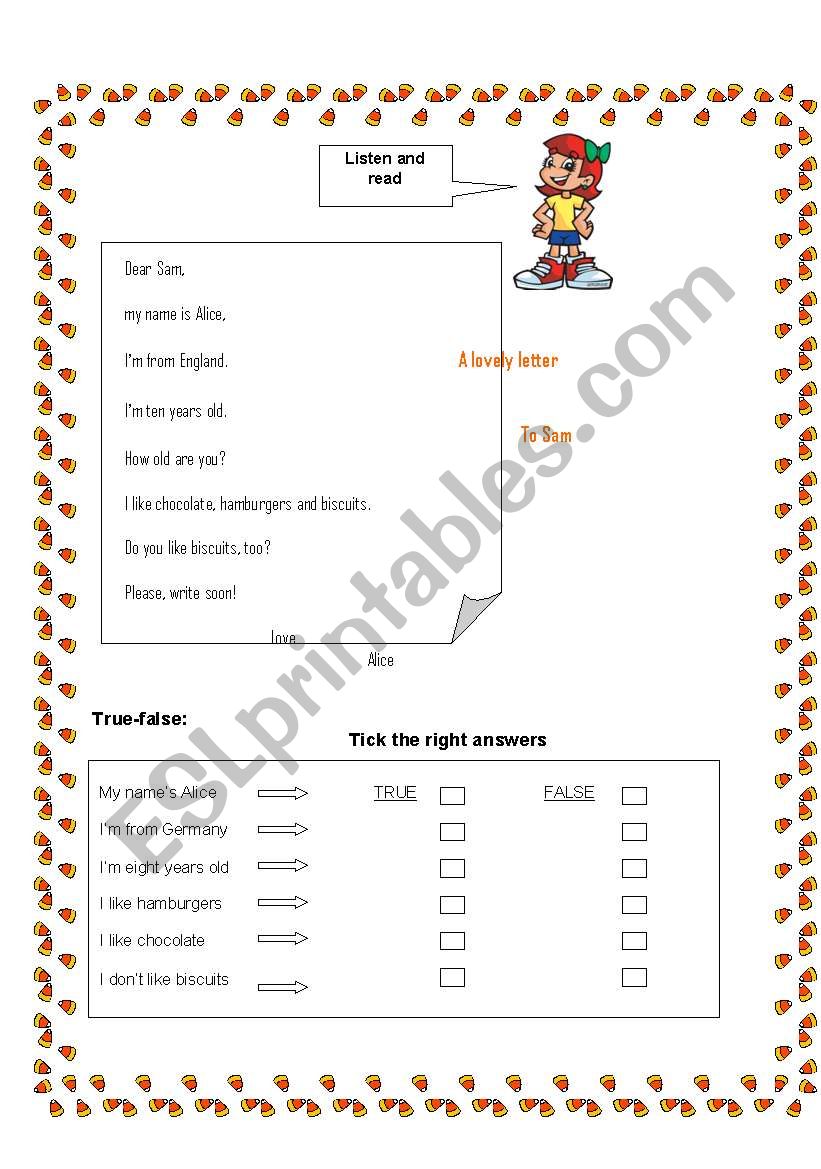 A lovely letter to Sam worksheet