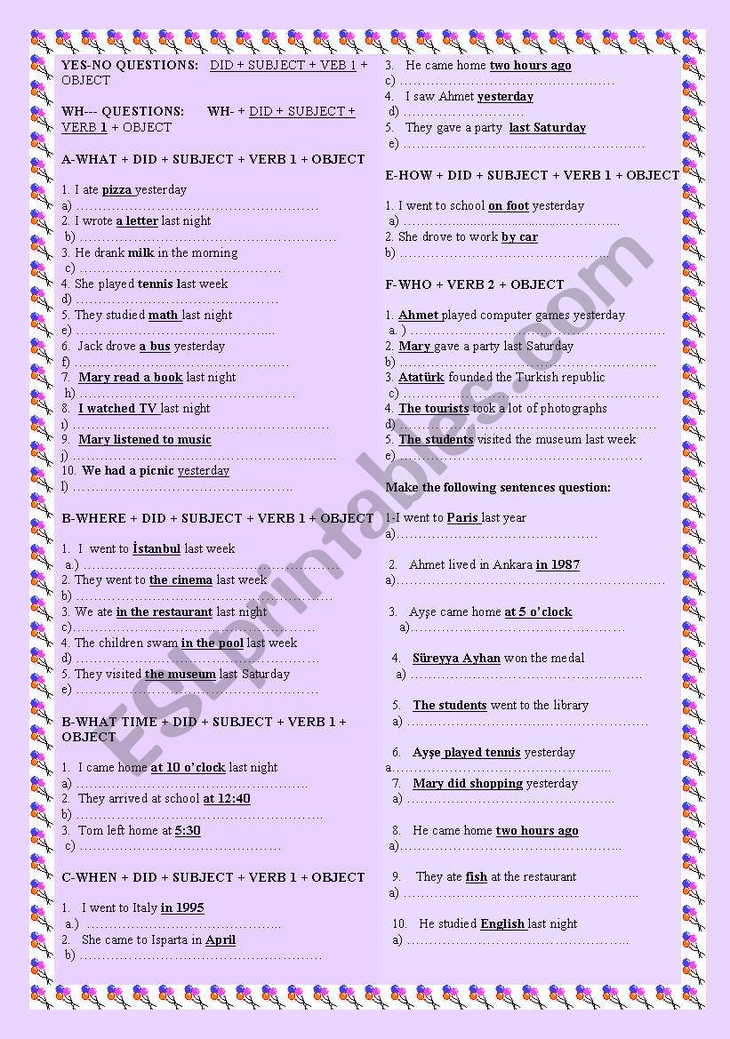 wh questions in past tense worksheet