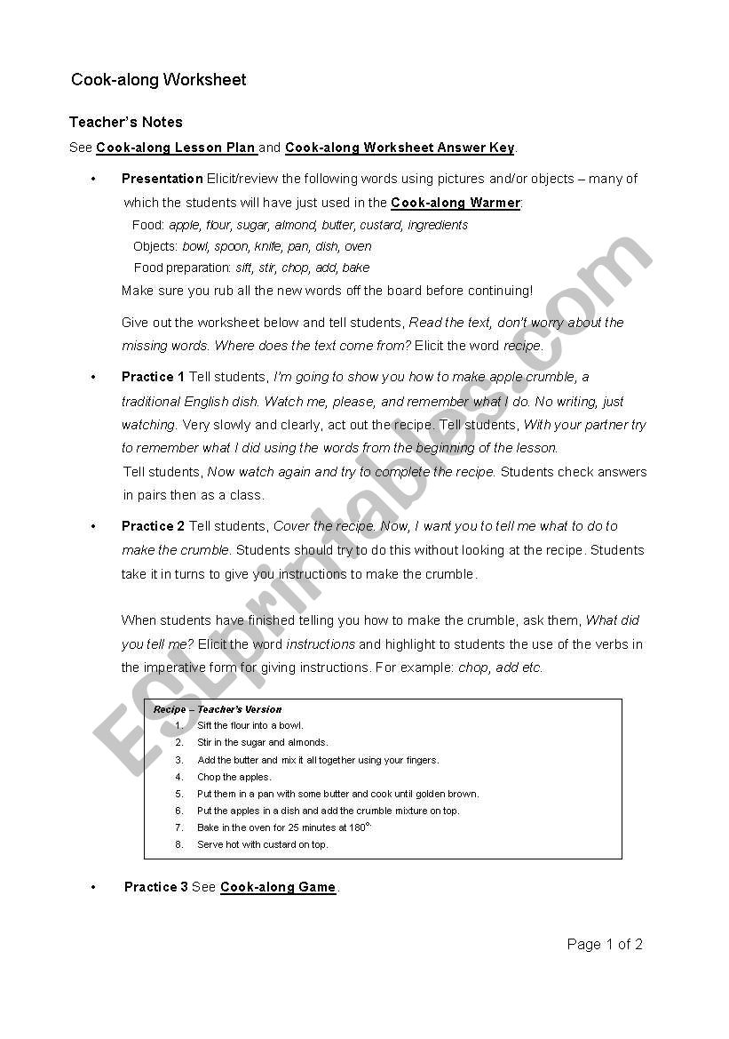 Lets Cook Along worksheet