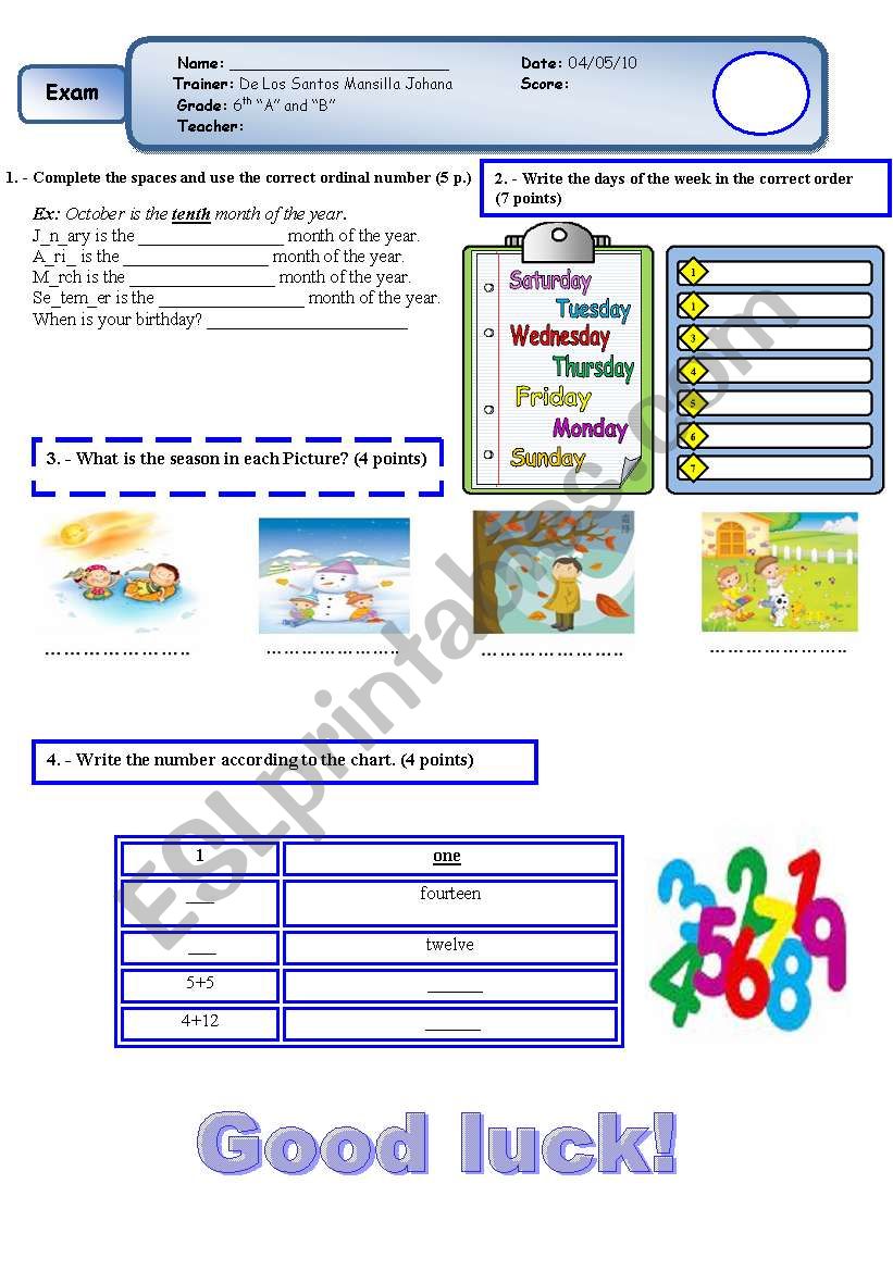 ORDINAL NUMBERS, SEASONS worksheet