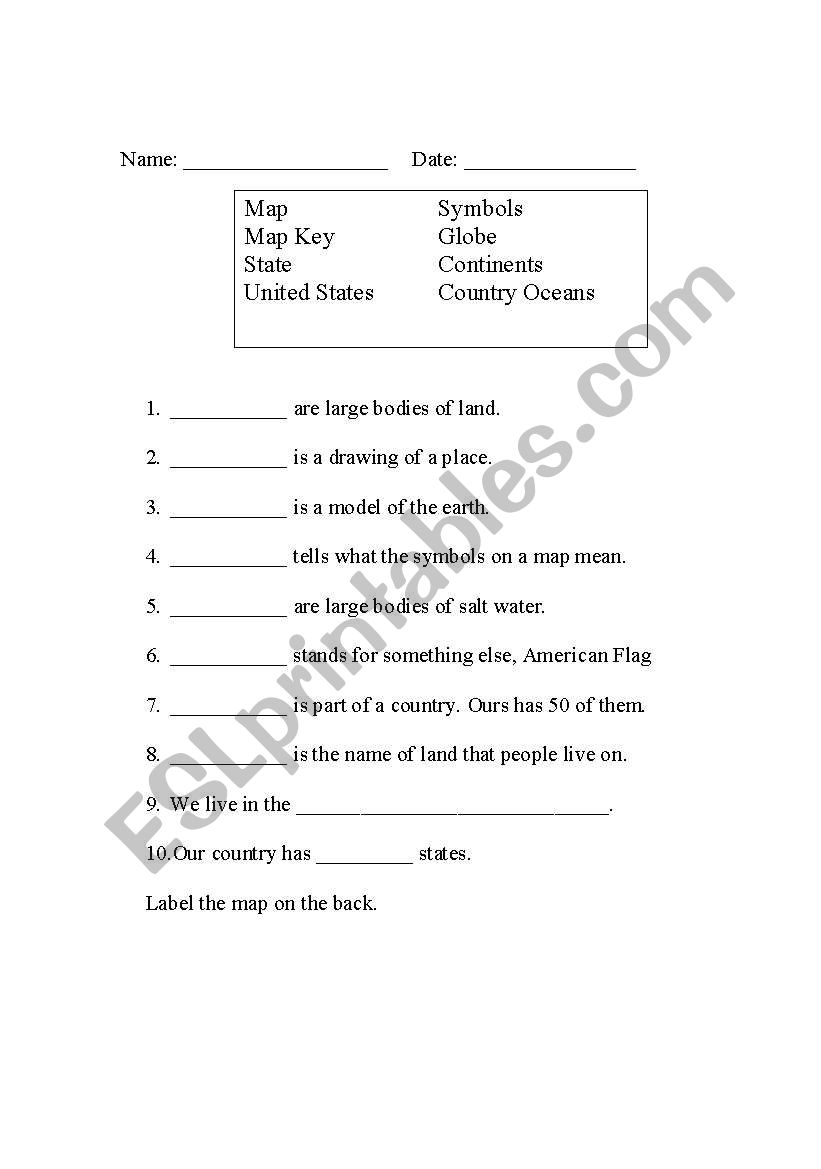 Continents Assessment worksheet