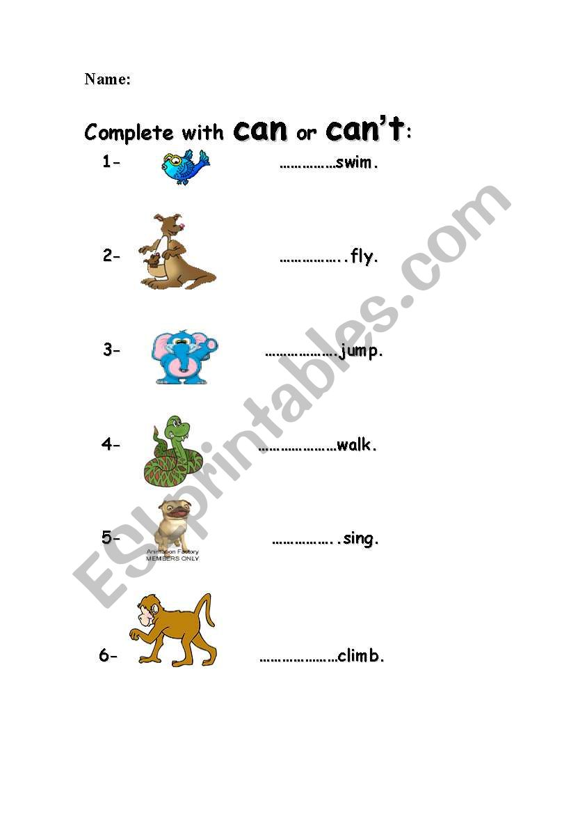 complete with can or can´t  worksheet