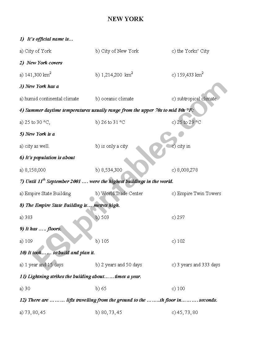 Quiz on New York worksheet