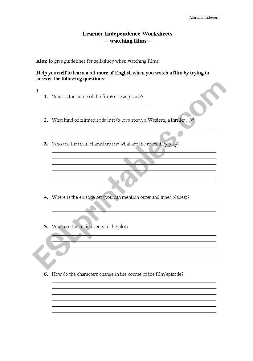 Watching a film - Learner Independence Worksheet