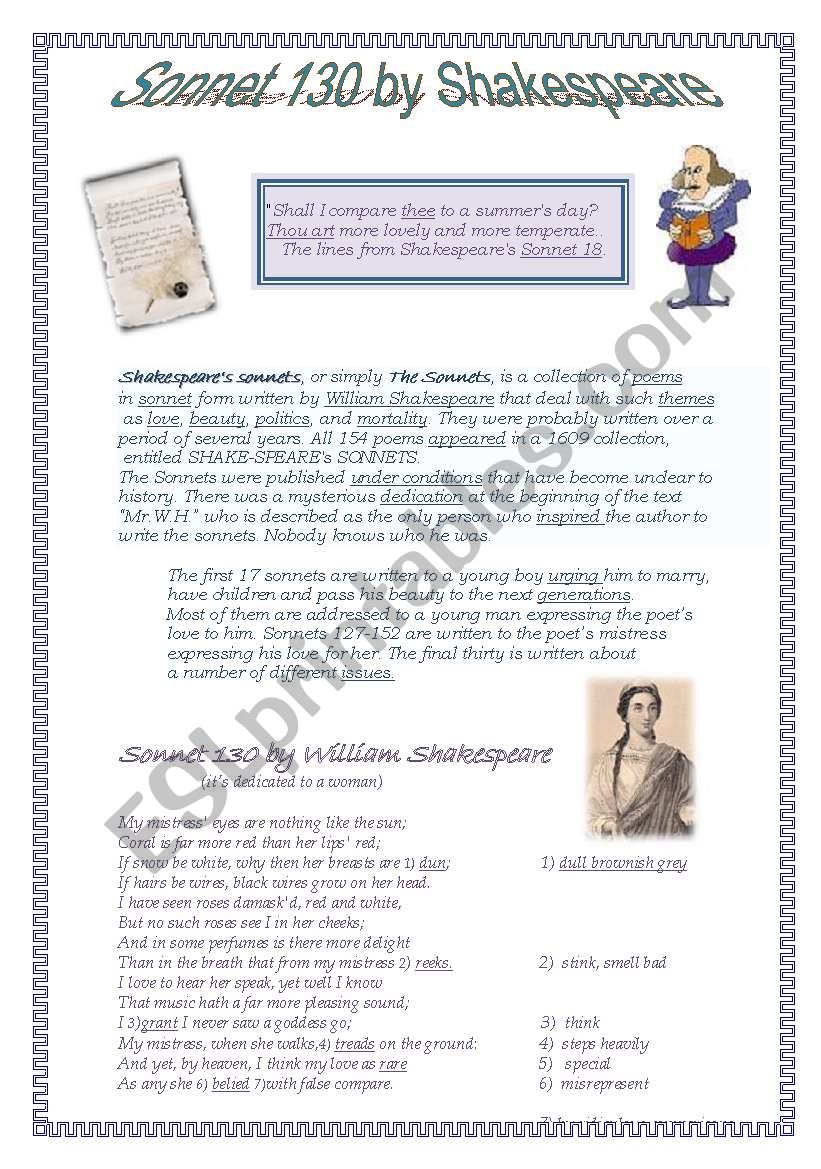 Sonnet 130 by Shakespeare worksheet