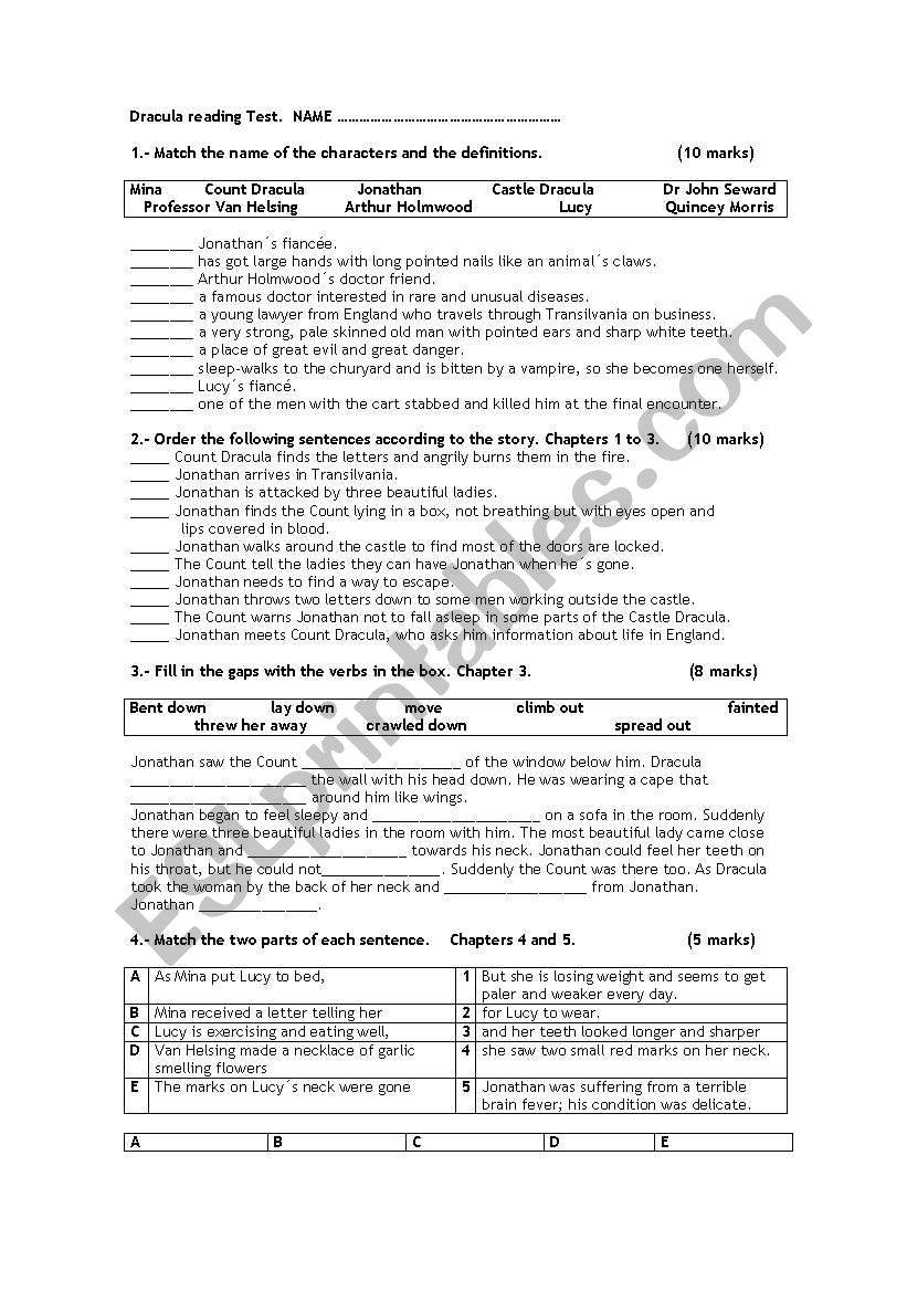 Dracula (graded reader test) worksheet