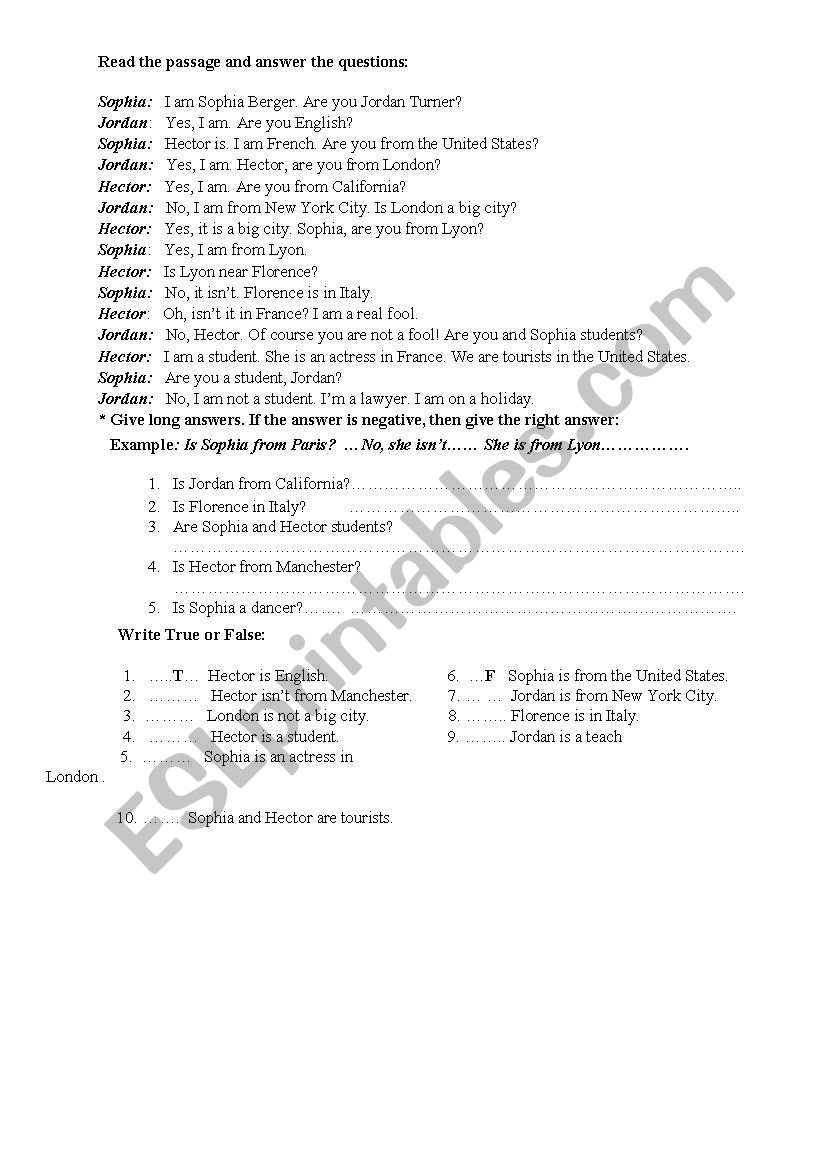 reading worksheet