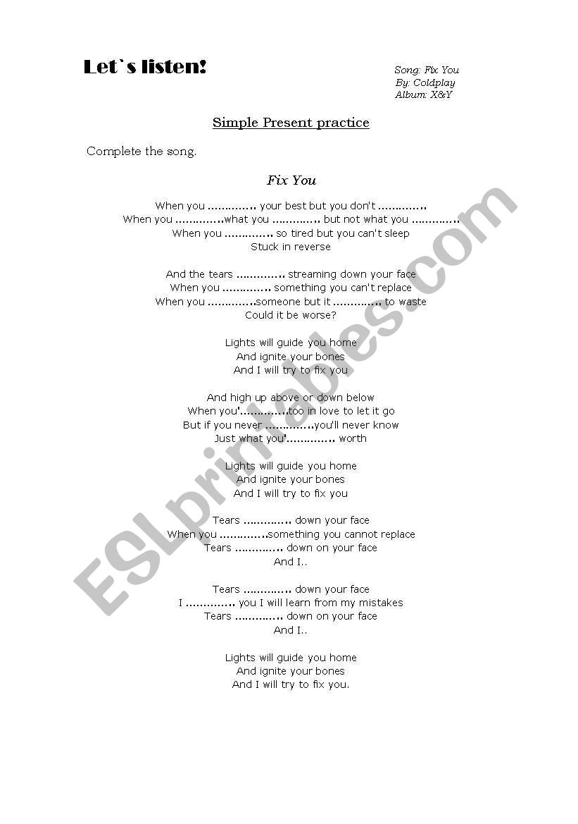 Simple Present/ grammar song -Fix you-Coldplay