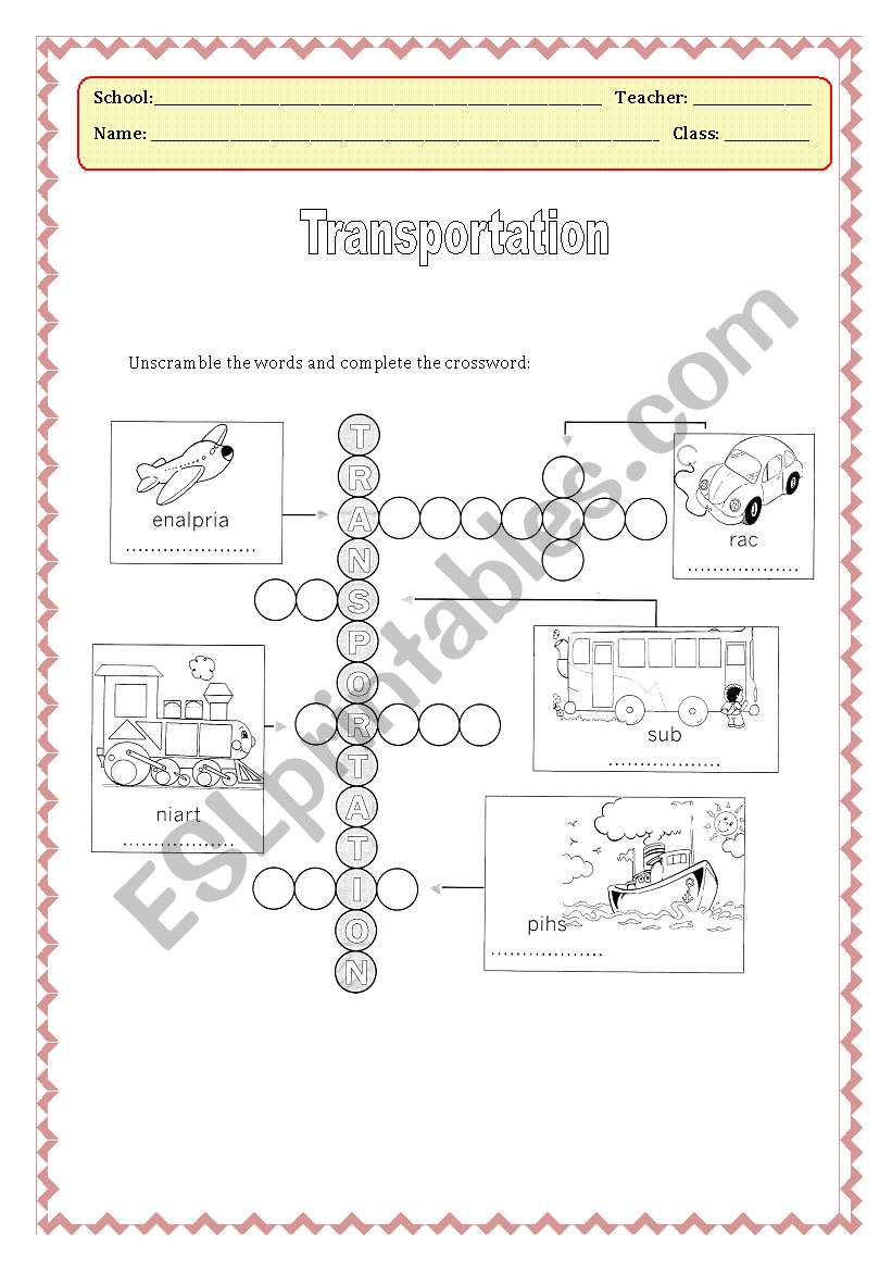 Transportation Crossword worksheet