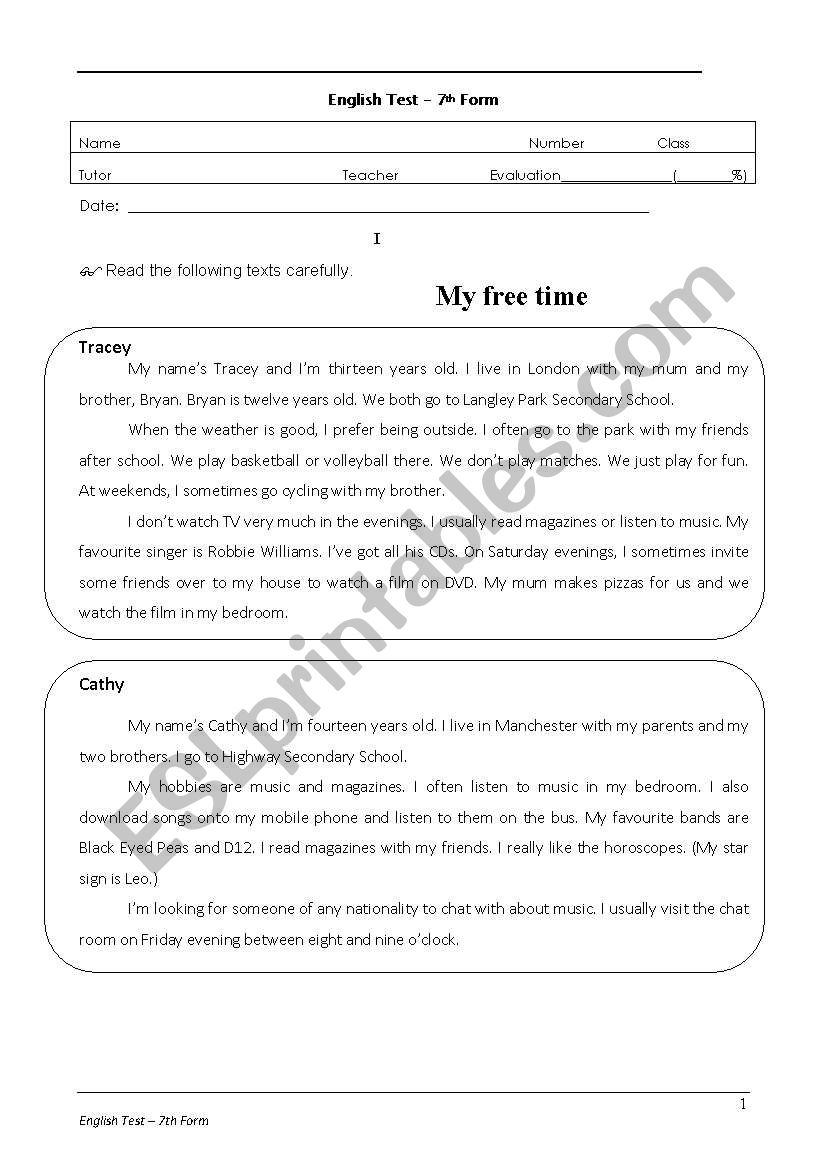 7th Form test or worksheet on Hobbies (pages 1 and 2)
