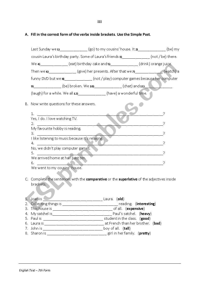 7th form test or worksheet on hobbies (pages 3 and 4)