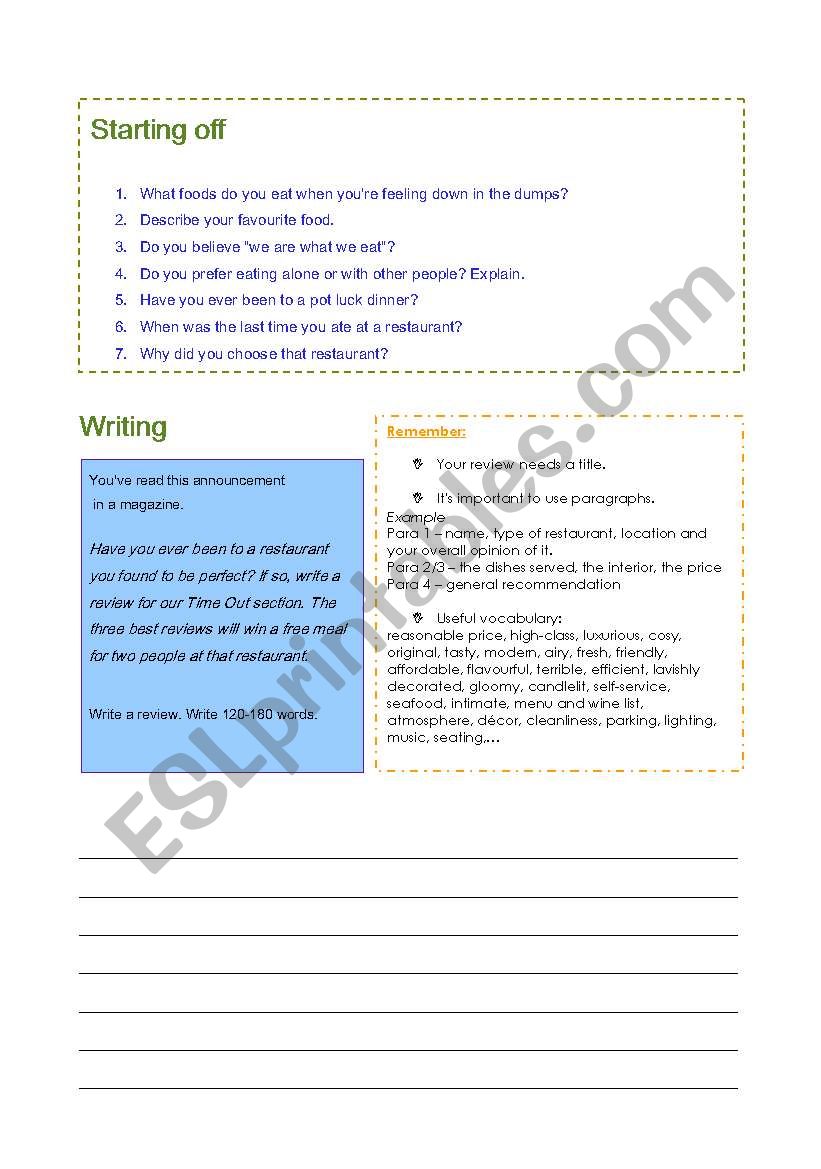 English Worksheets Restaurant Review