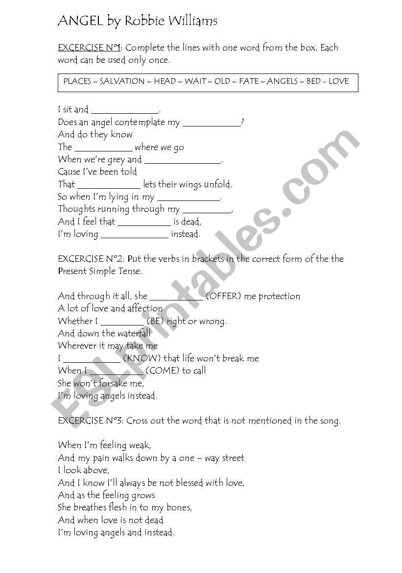 Angel by Robbie Williams worksheet