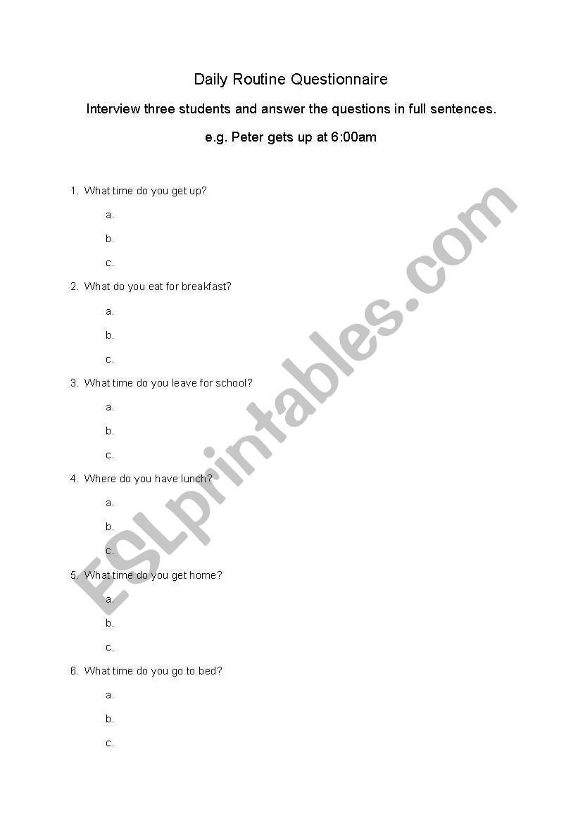 Daily Routine Questionnaire worksheet