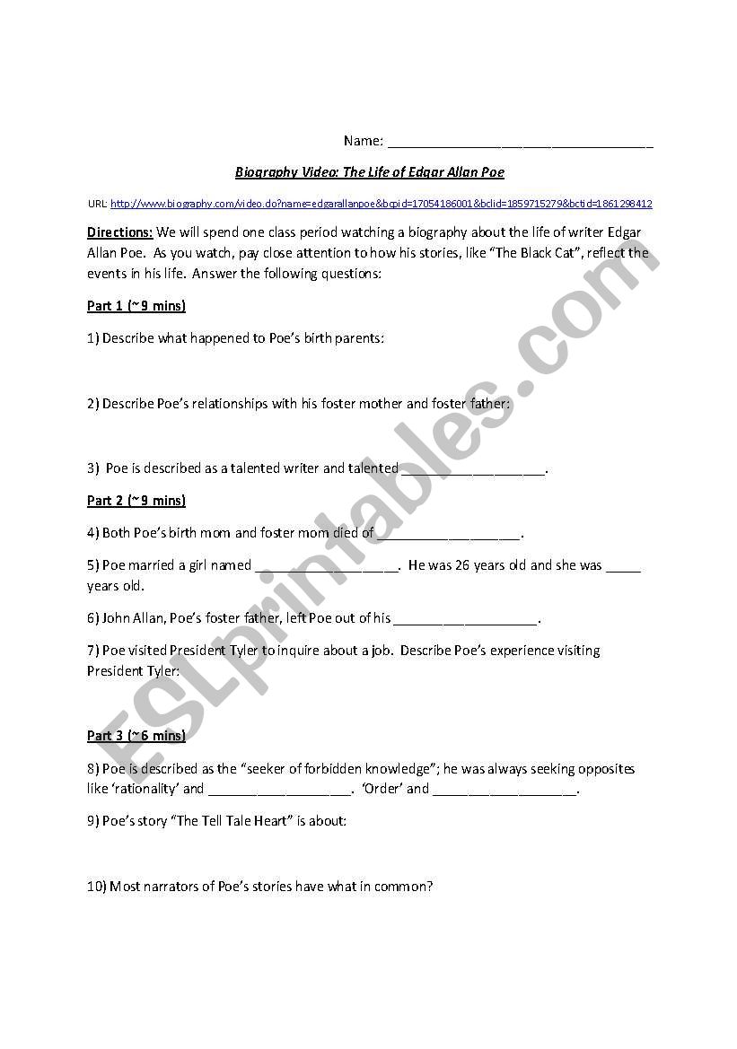 Edgar Allan Poe - Biography Worksheet