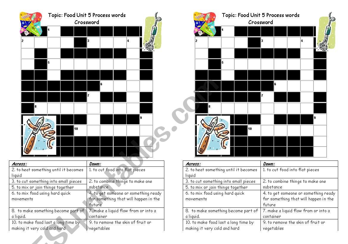 Crossword Cooking processes worksheet