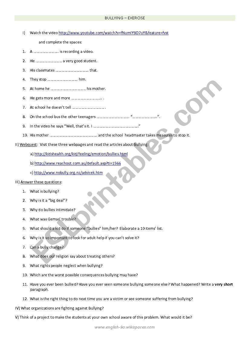 Bullying worksheet