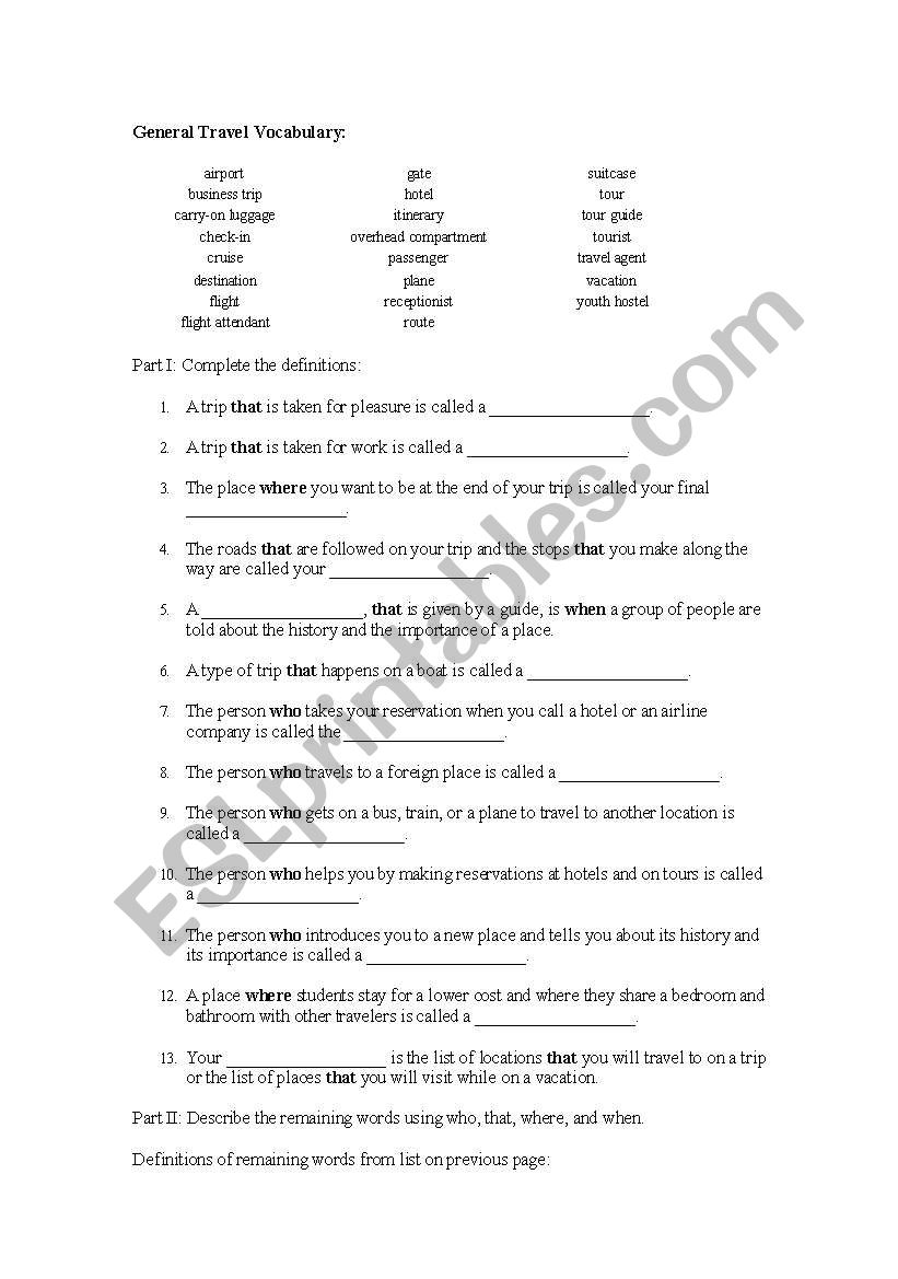 Using relative clauses to define travel vocabulary