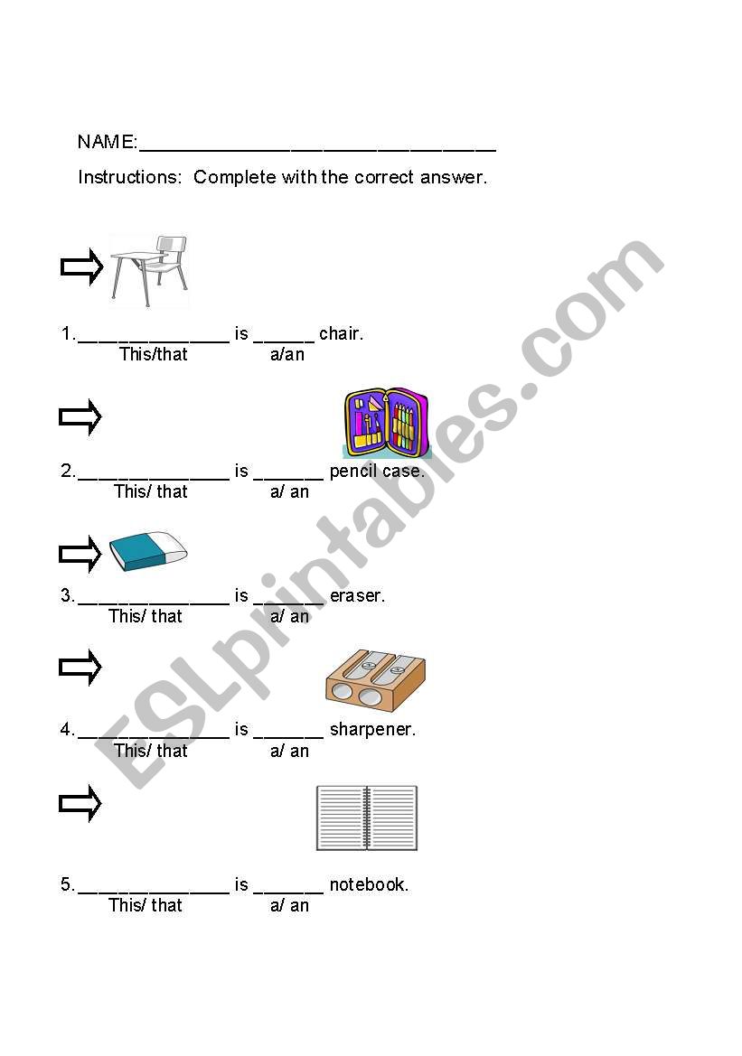 This/ that, a/ an worksheet