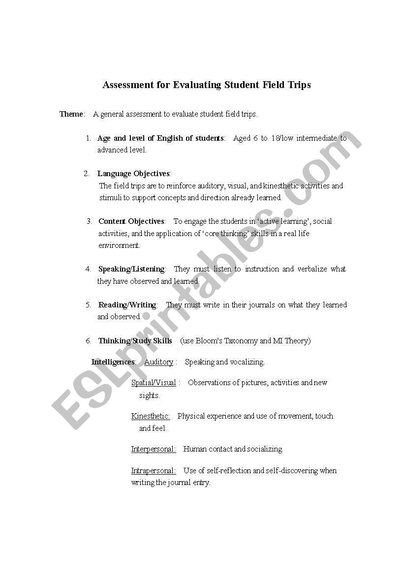 Student Field Trip Evaluation worksheet