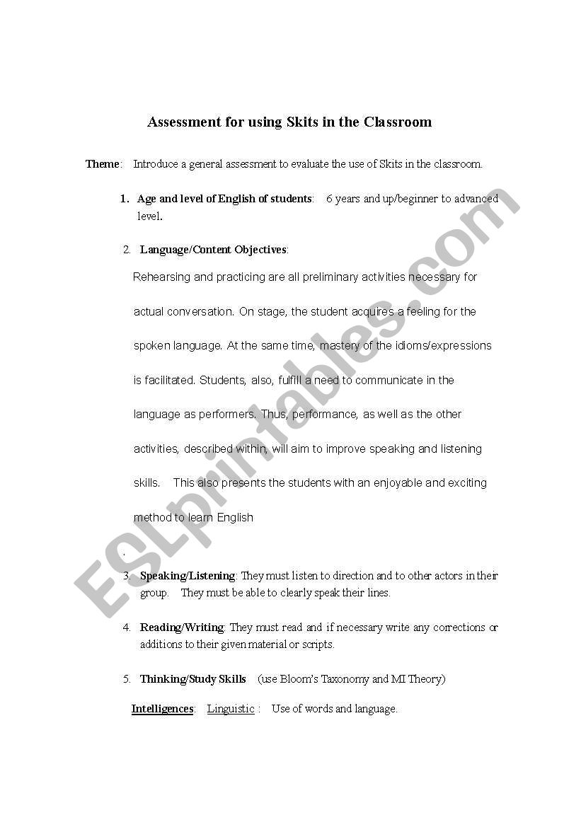 Skits in the classroom worksheet