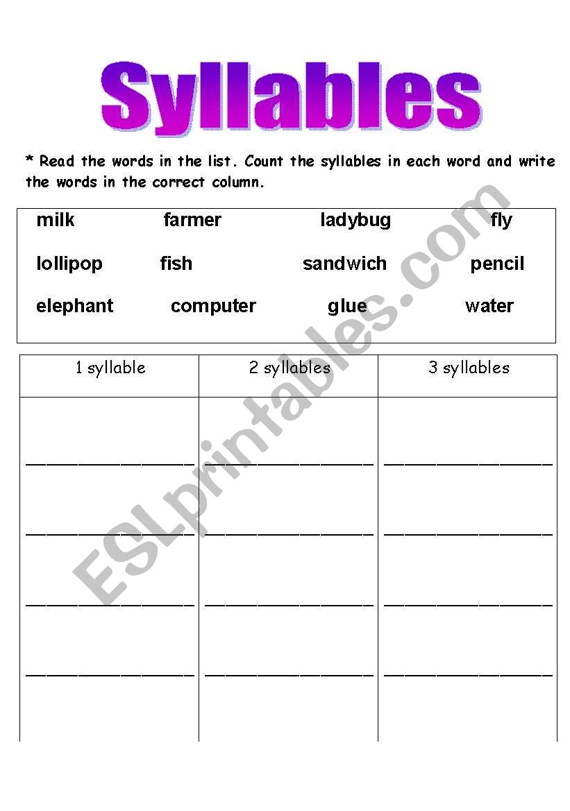 1 to 3 syllables worksheet