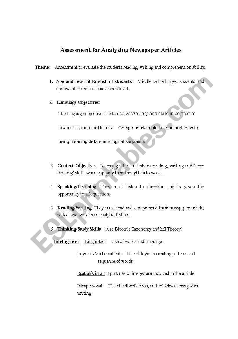 Newspaper activity worksheet