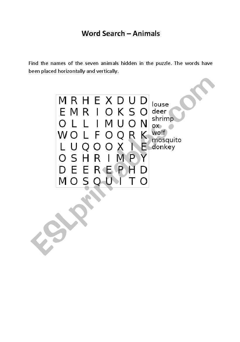 Word Search Animals worksheet