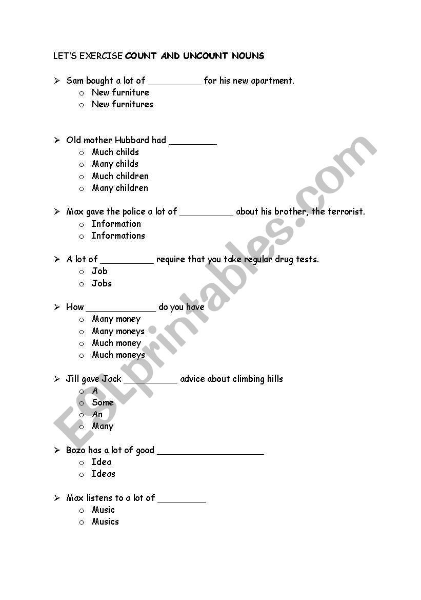 COUNT-UNCOUNT NOUNS quiz  worksheet