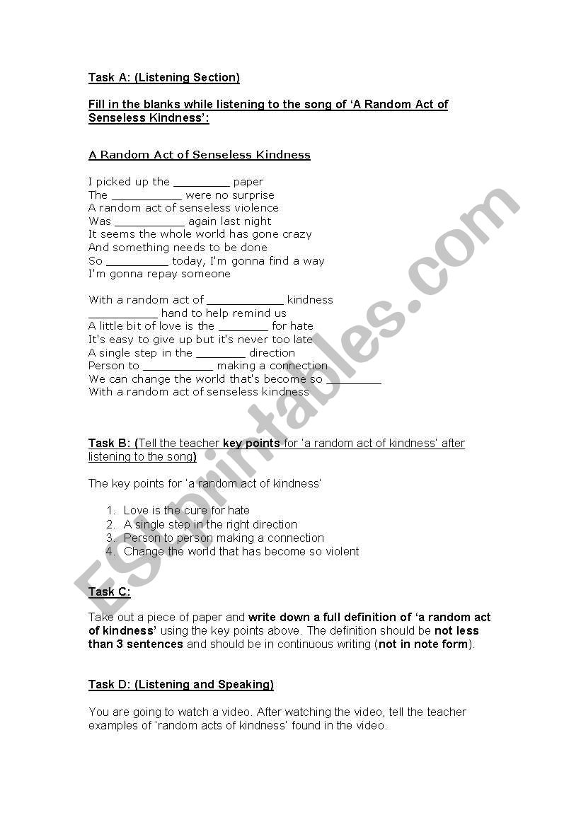 Worksheet - Iistening, speaking, reading and writing