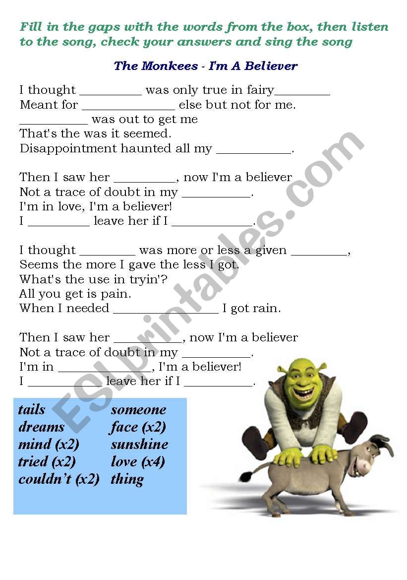 Im a believer worksheet