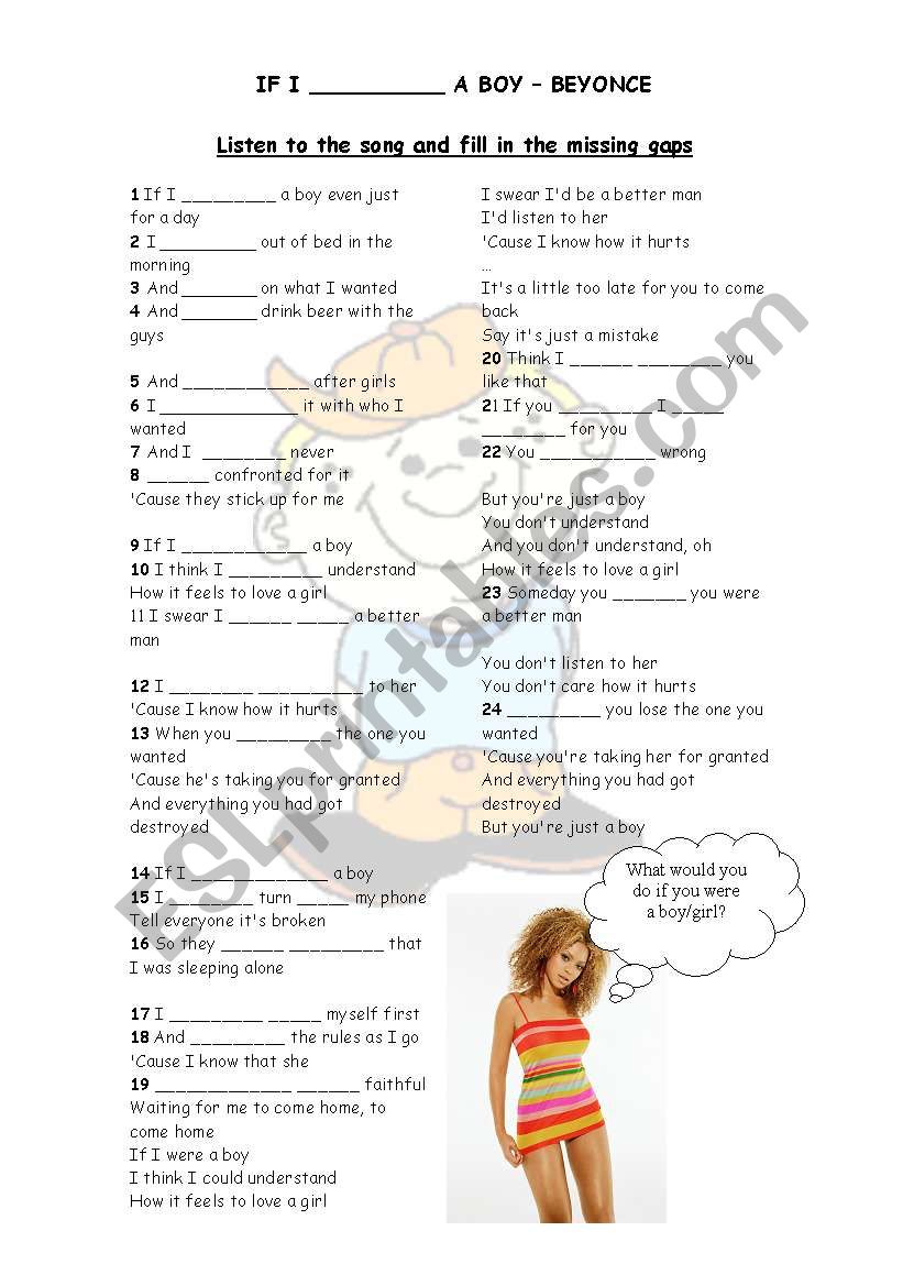 IF I WERE A BOY - BEYONCE worksheet