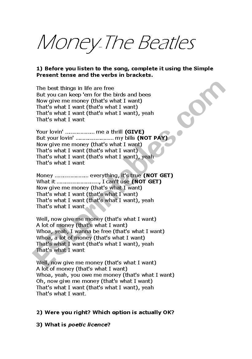 money-the beatles worksheet