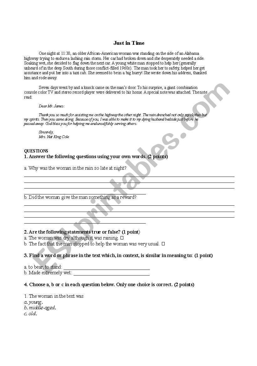 Just in time worksheet