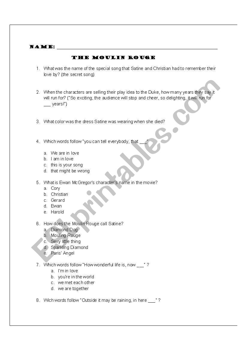 Moulin Rouge worksheet