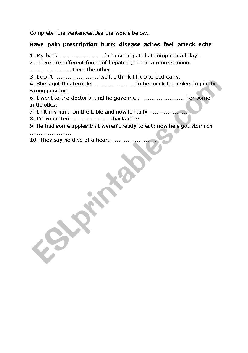 illneses worksheet