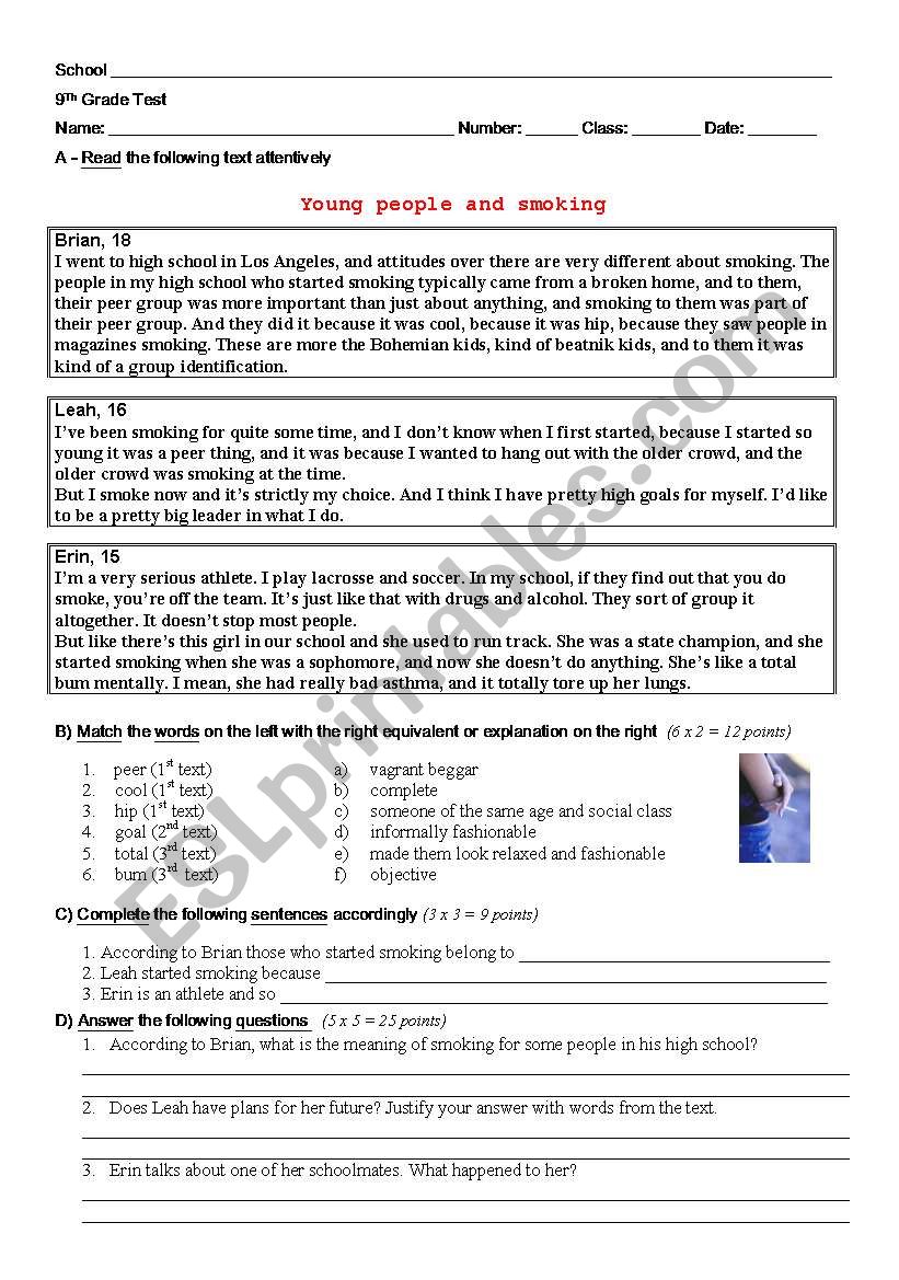 Test on Young People and Smoking (9th Grade Portuguese Students)