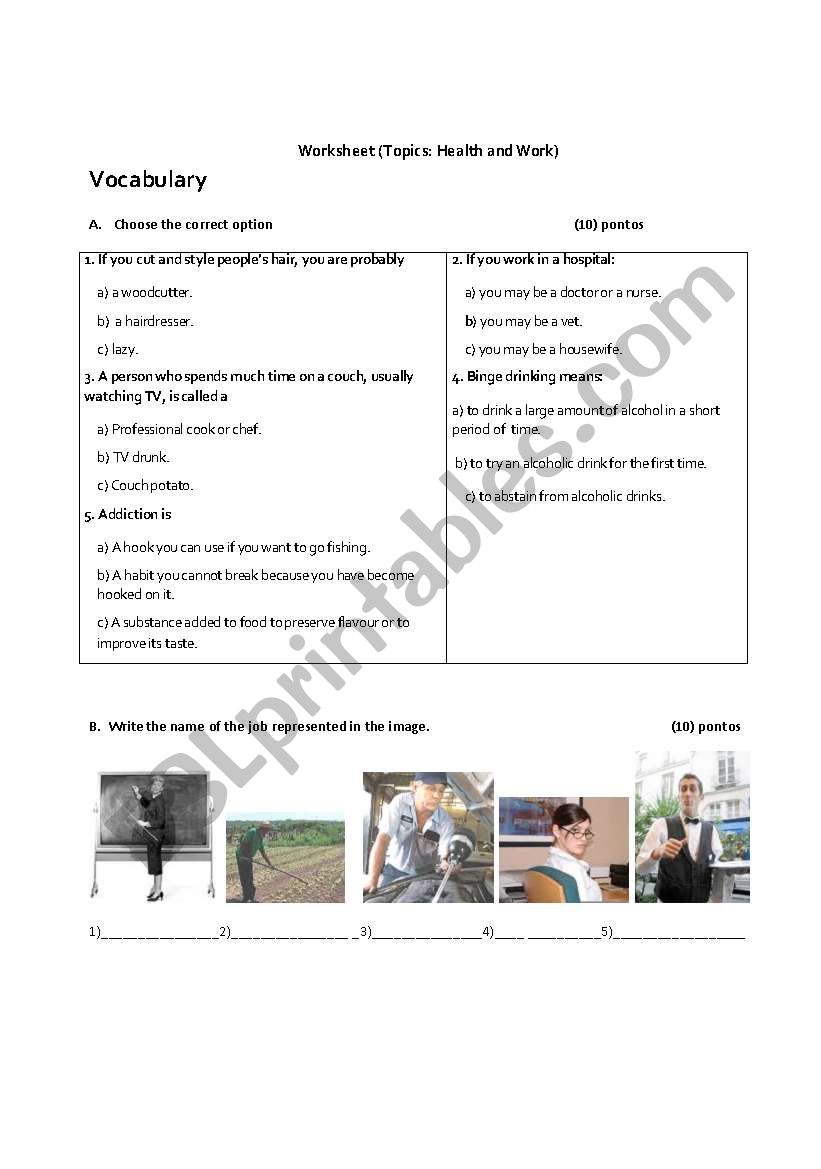 Health and Work worksheet