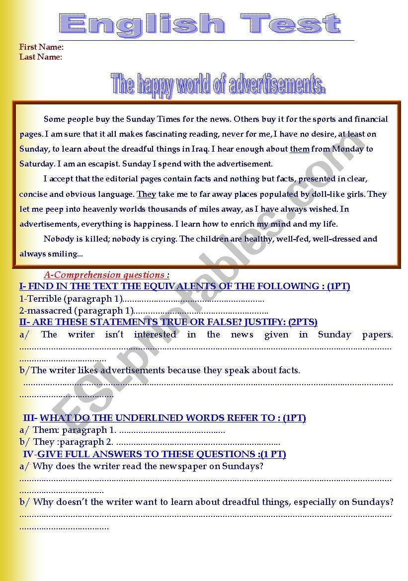 English test (2 pages) worksheet