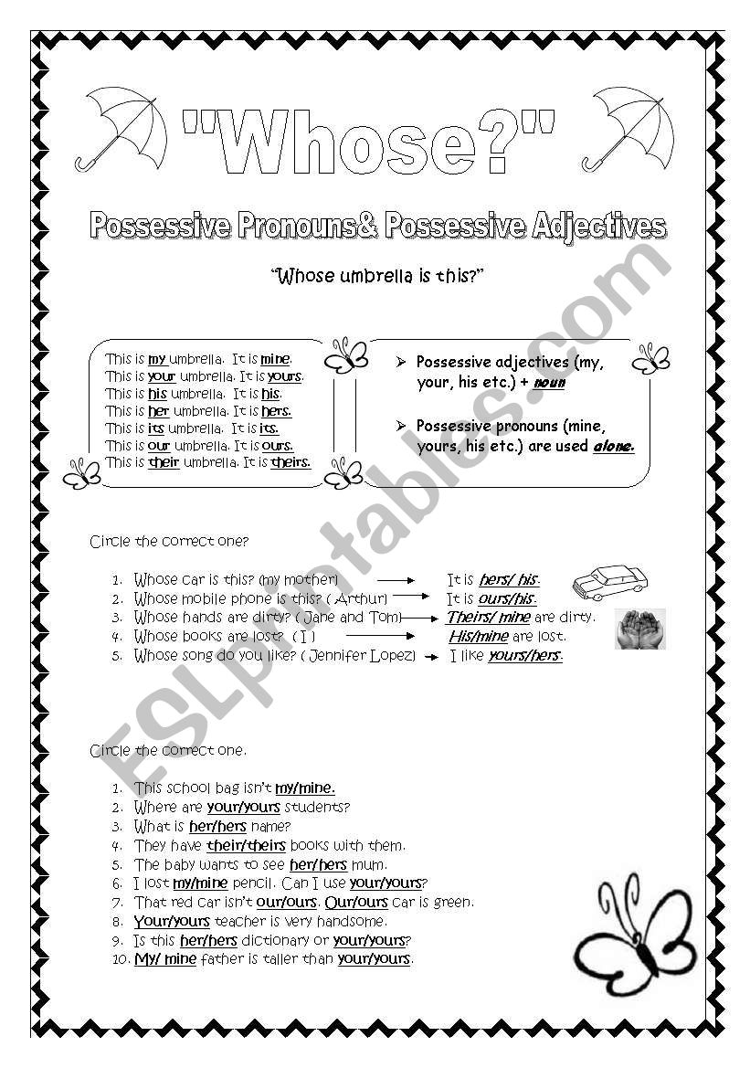 whose, possesive pronouns-possesive adjectives