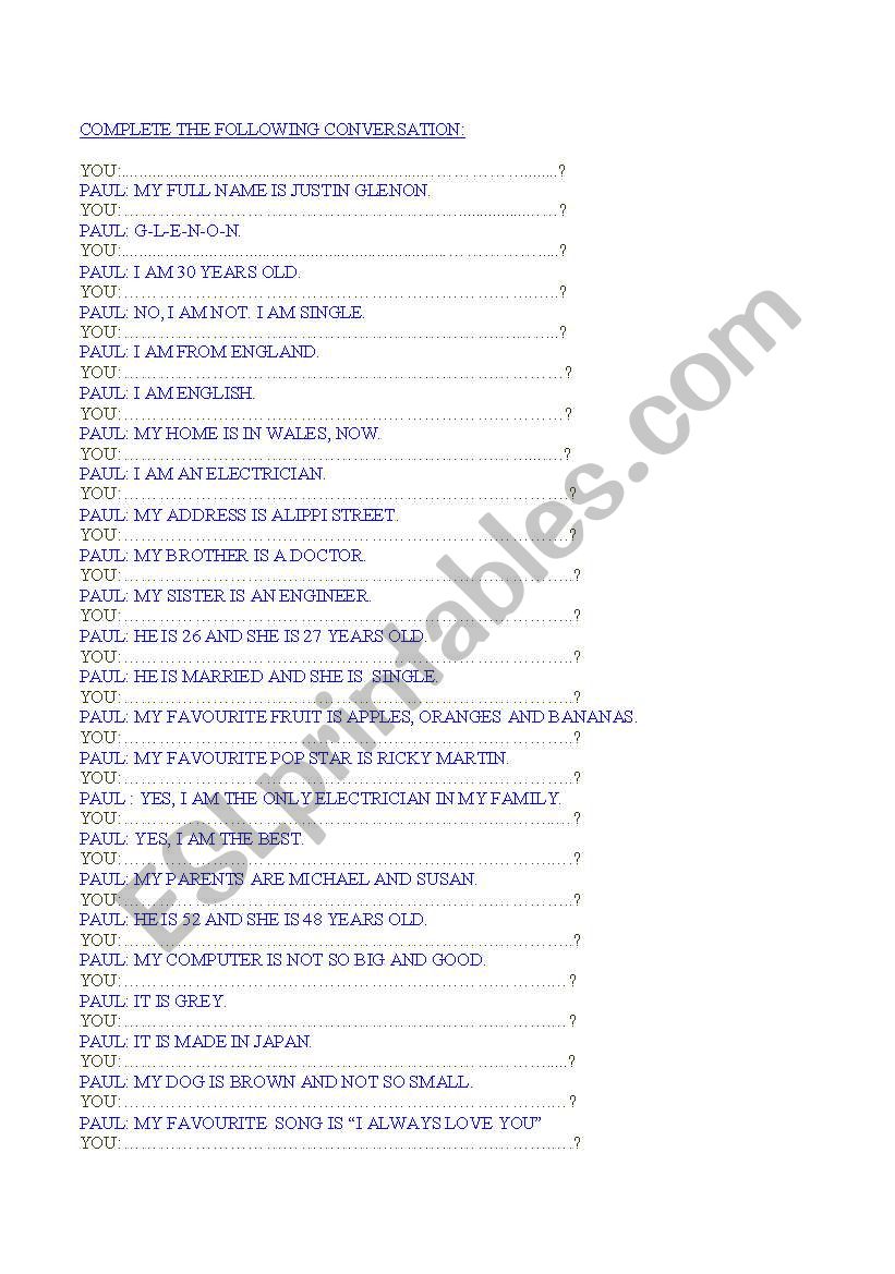 conversation worksheet