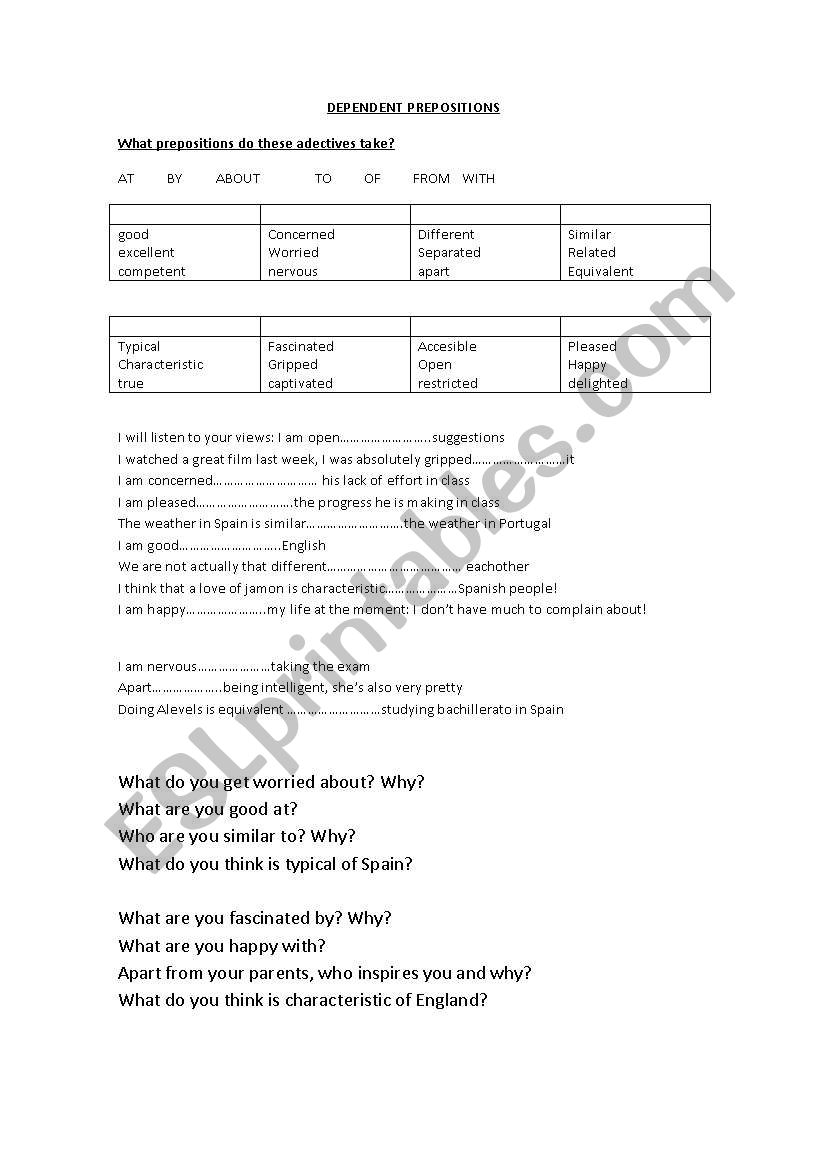 Dependent prepositions  worksheet