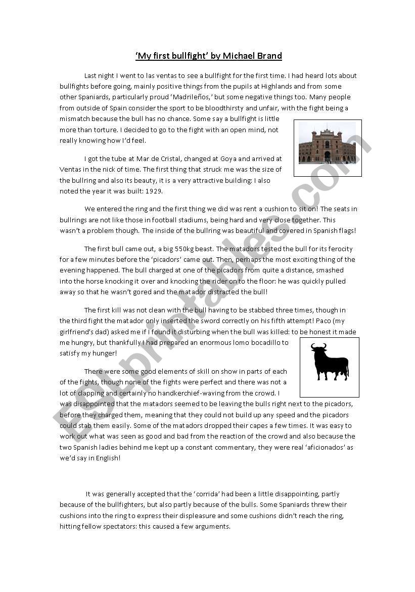 article on bullfighting  worksheet