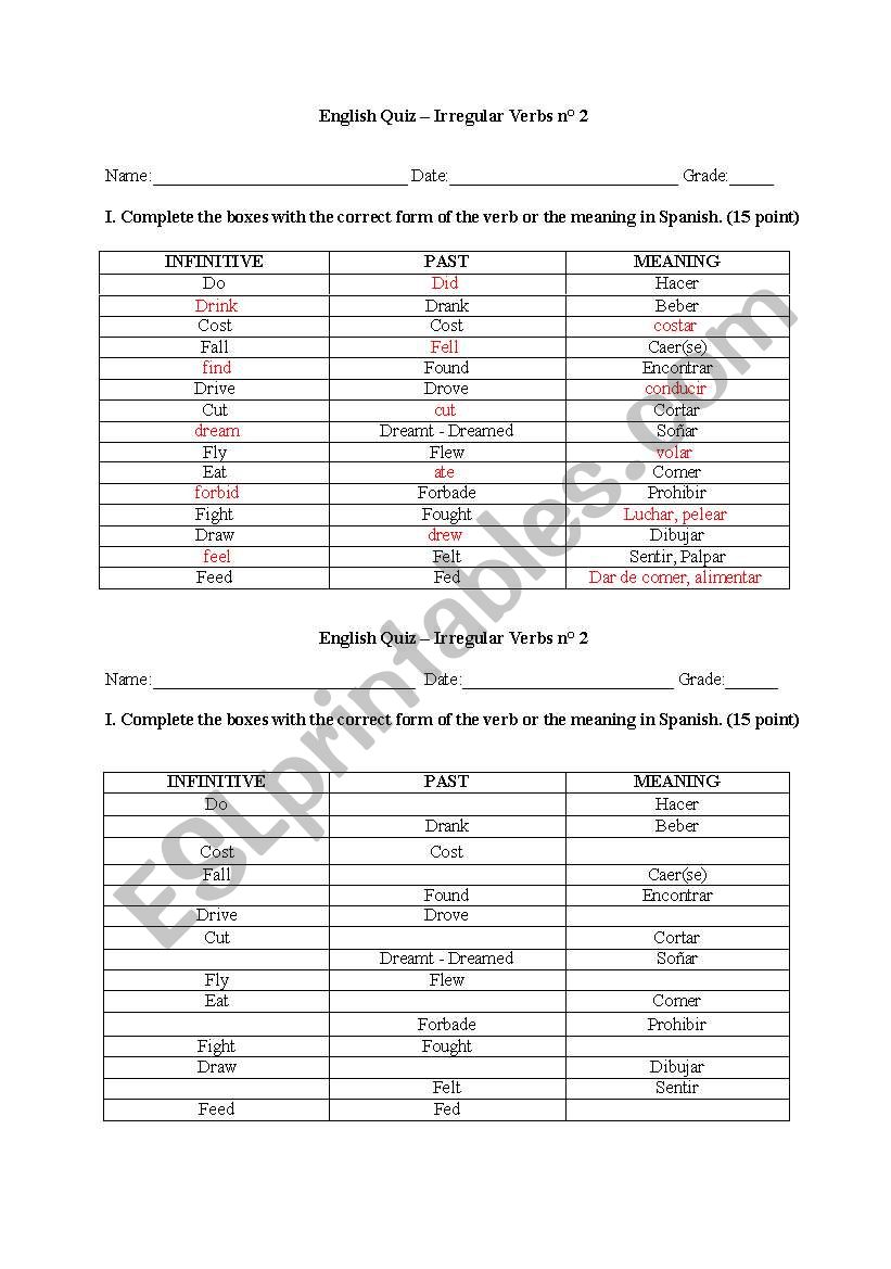 Irregular verbs worksheet