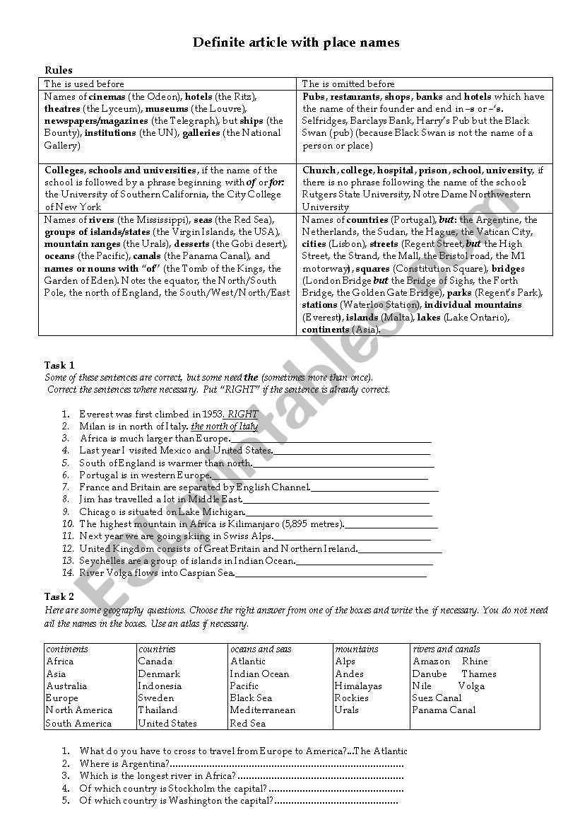 Definite article with place names