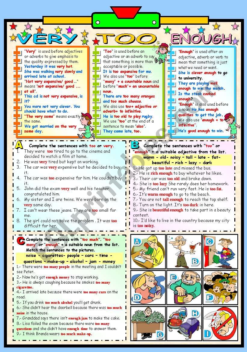 VERY- TOO- ENOUGH GRAMMAR AND EXERCISES (B&W VERSION+KEY INCLUDED) - ESL  worksheet by Katiana