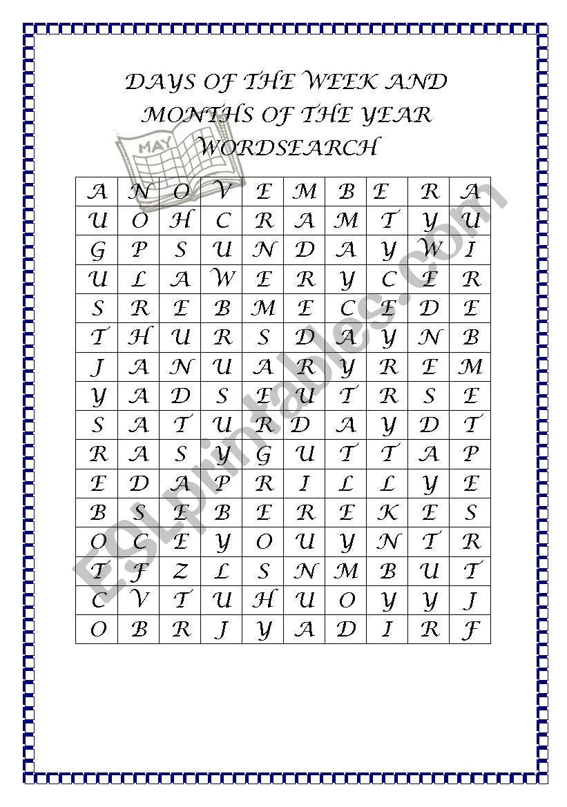 Wordsearch - Days of the week and months of the year
