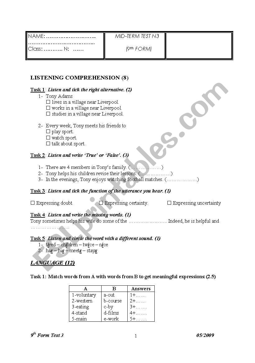 mid-term test for 9th forms worksheet